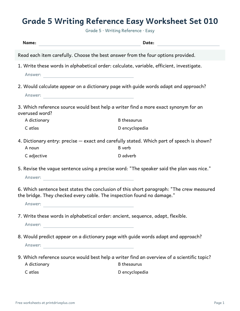 Preview of Grade 5 Writing Reference Easy Worksheet Set 010