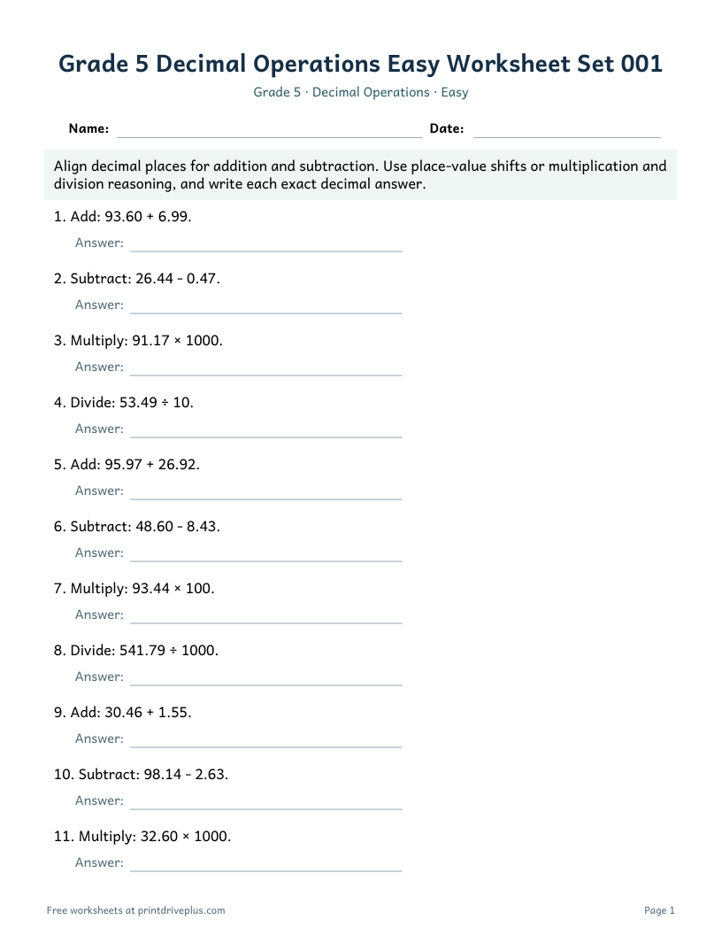 Preview of Grade 5 Decimal Operations Easy Worksheet Set 001