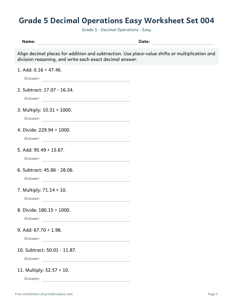 Preview of Grade 5 Decimal Operations Easy Worksheet Set 004