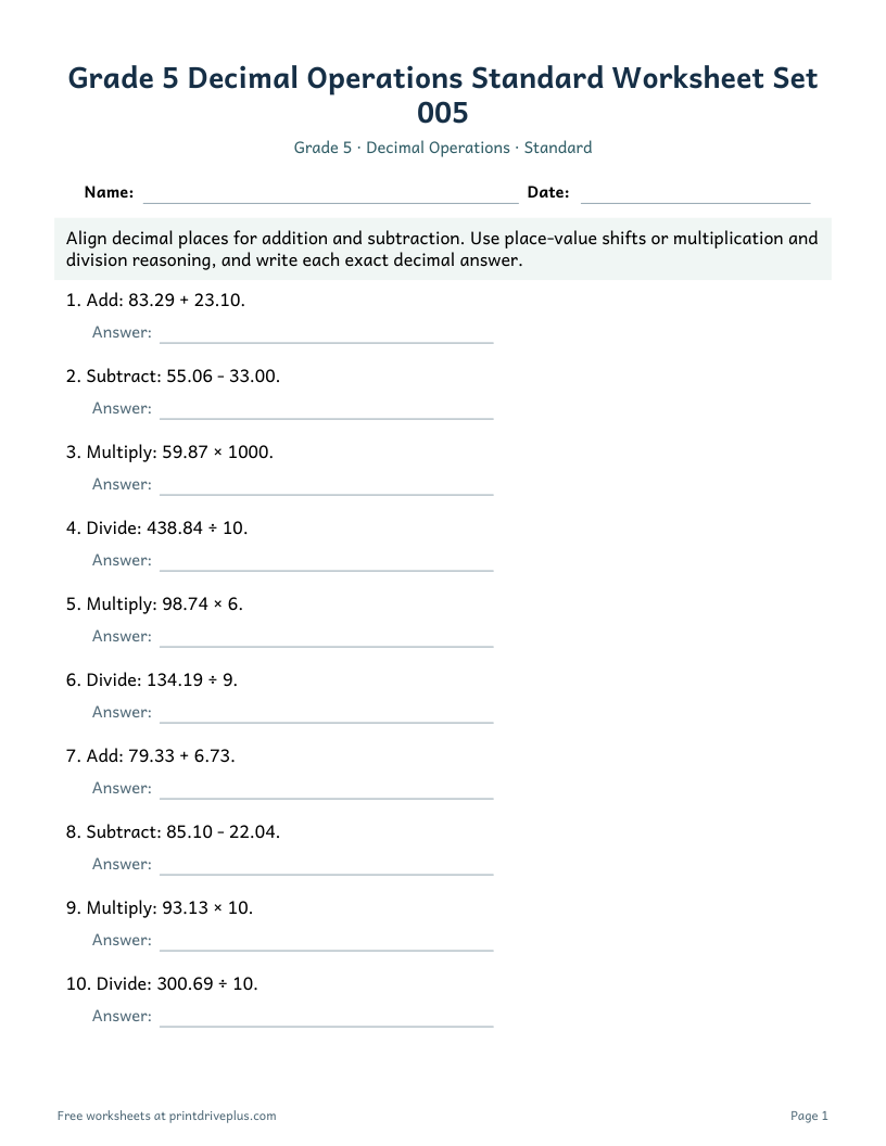 Preview of Grade 5 Decimal Operations Standard Worksheet Set 005