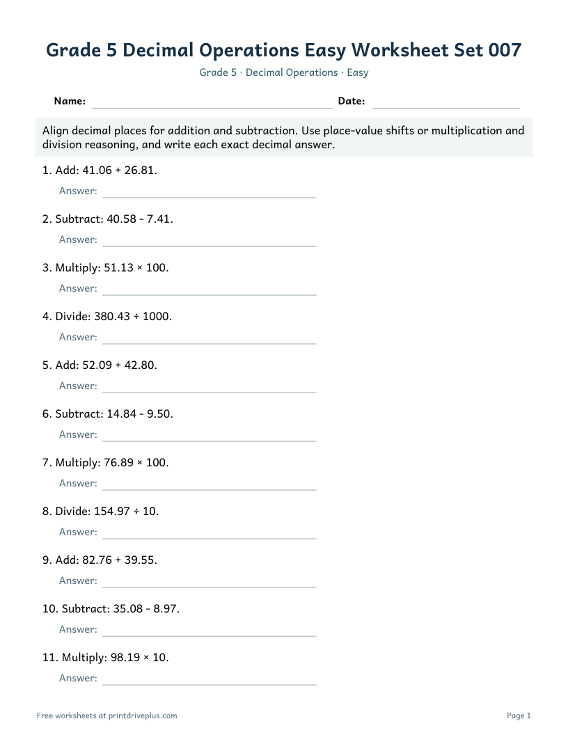 Preview of Grade 5 Decimal Operations Easy Worksheet Set 007