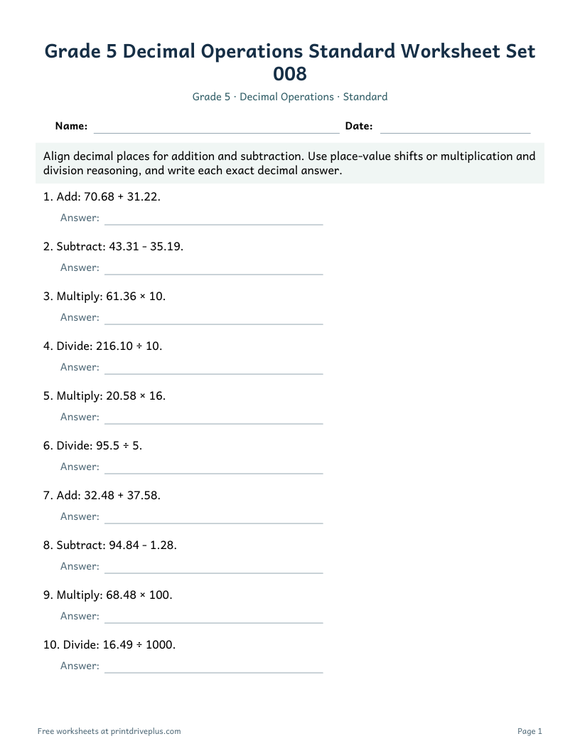 Preview of Grade 5 Decimal Operations Standard Worksheet Set 008