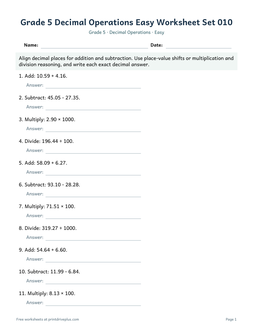 Preview of Grade 5 Decimal Operations Easy Worksheet Set 010