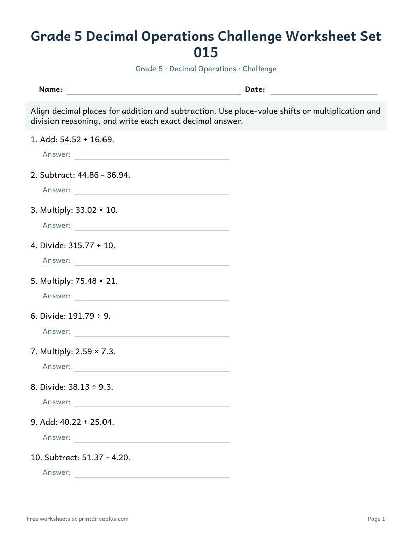 Preview of Grade 5 Decimal Operations Challenge Worksheet Set 015