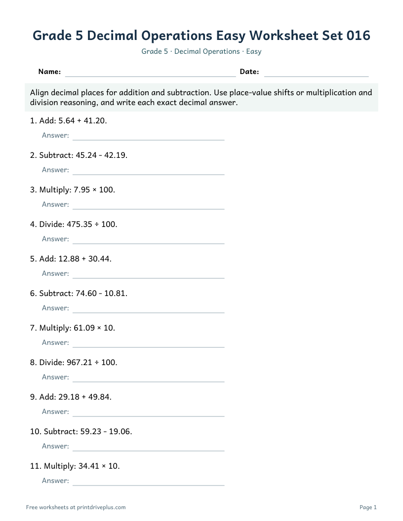 Preview of Grade 5 Decimal Operations Easy Worksheet Set 016