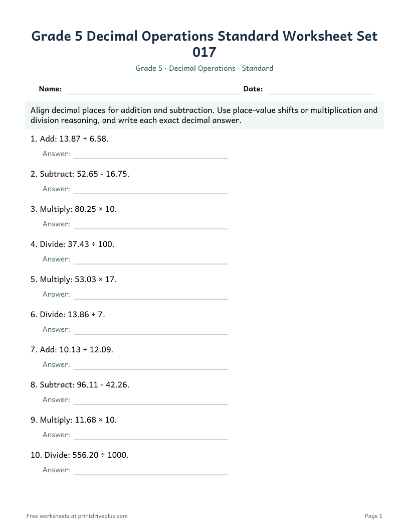 Preview of Grade 5 Decimal Operations Standard Worksheet Set 017