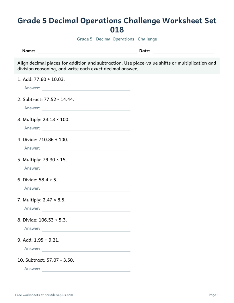 Preview of Grade 5 Decimal Operations Challenge Worksheet Set 018
