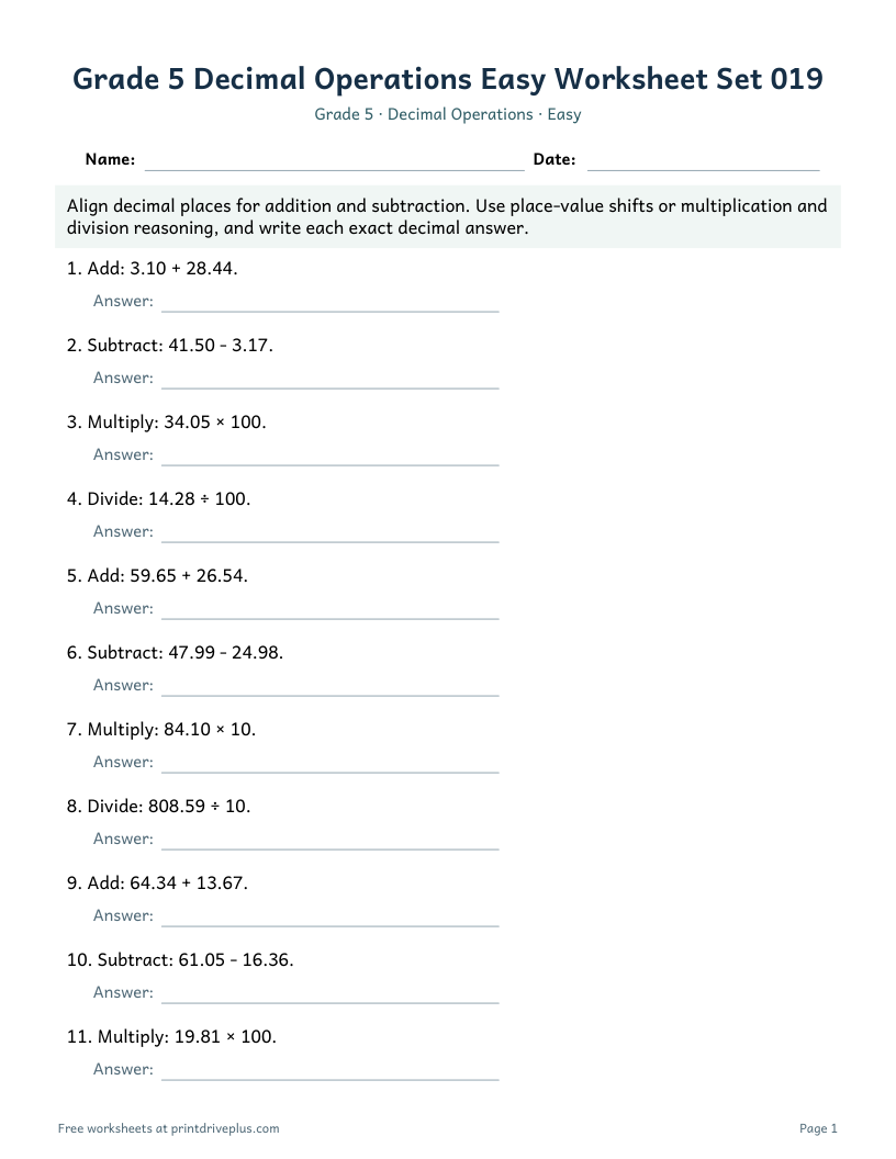 Preview of Grade 5 Decimal Operations Easy Worksheet Set 019