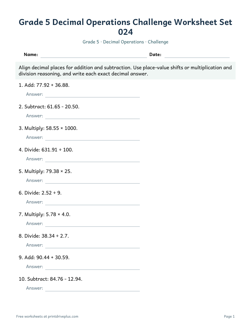 Preview of Grade 5 Decimal Operations Challenge Worksheet Set 024