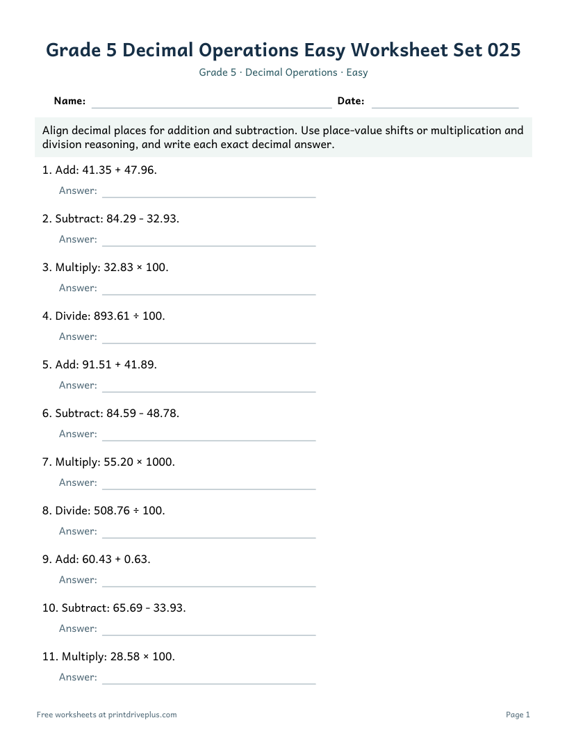 Preview of Grade 5 Decimal Operations Easy Worksheet Set 025