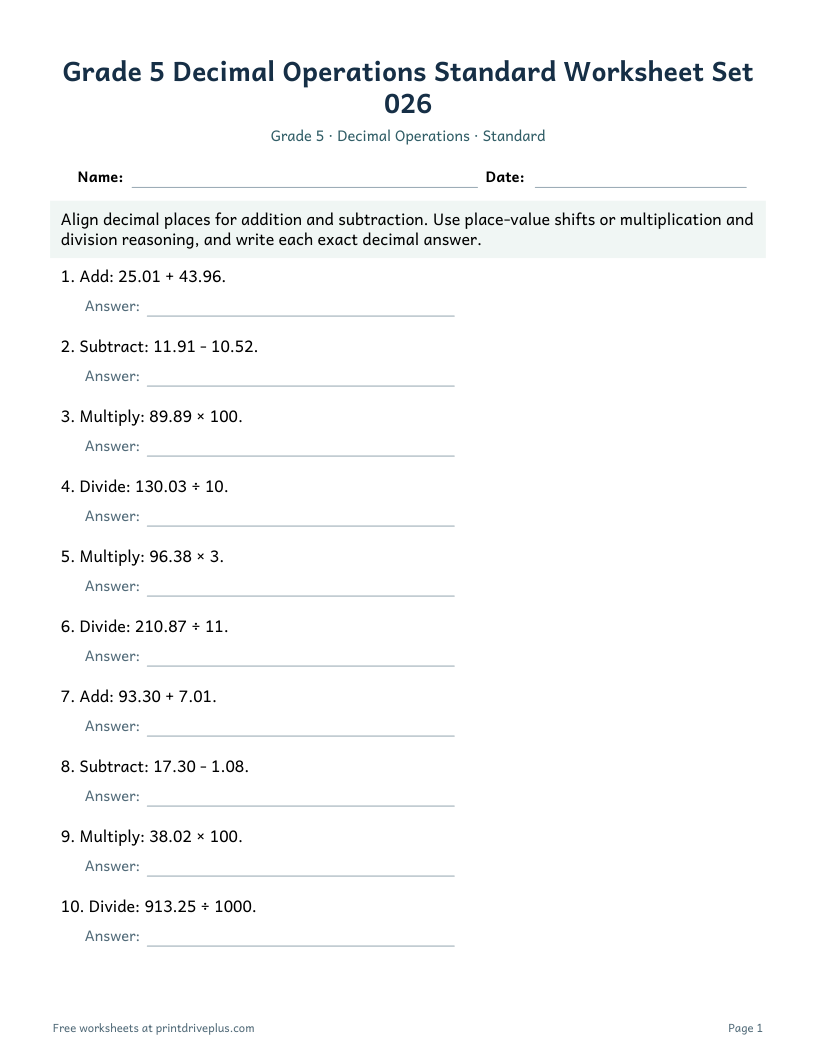 Preview of Grade 5 Decimal Operations Standard Worksheet Set 026