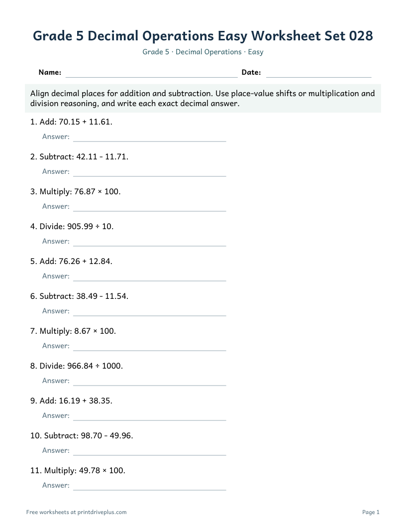 Preview of Grade 5 Decimal Operations Easy Worksheet Set 028