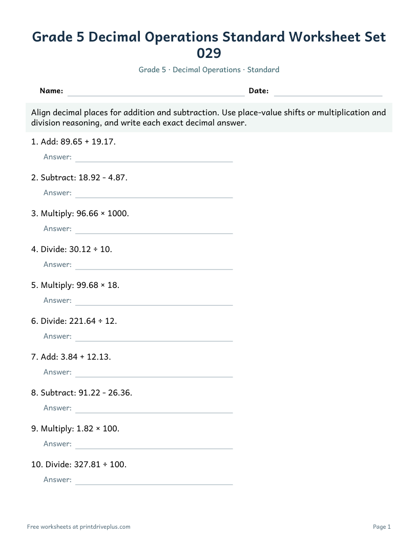 Preview of Grade 5 Decimal Operations Standard Worksheet Set 029
