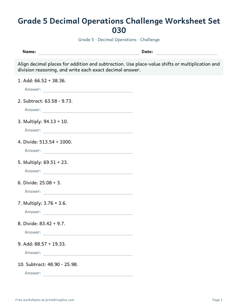 Preview of Grade 5 Decimal Operations Challenge Worksheet Set 030