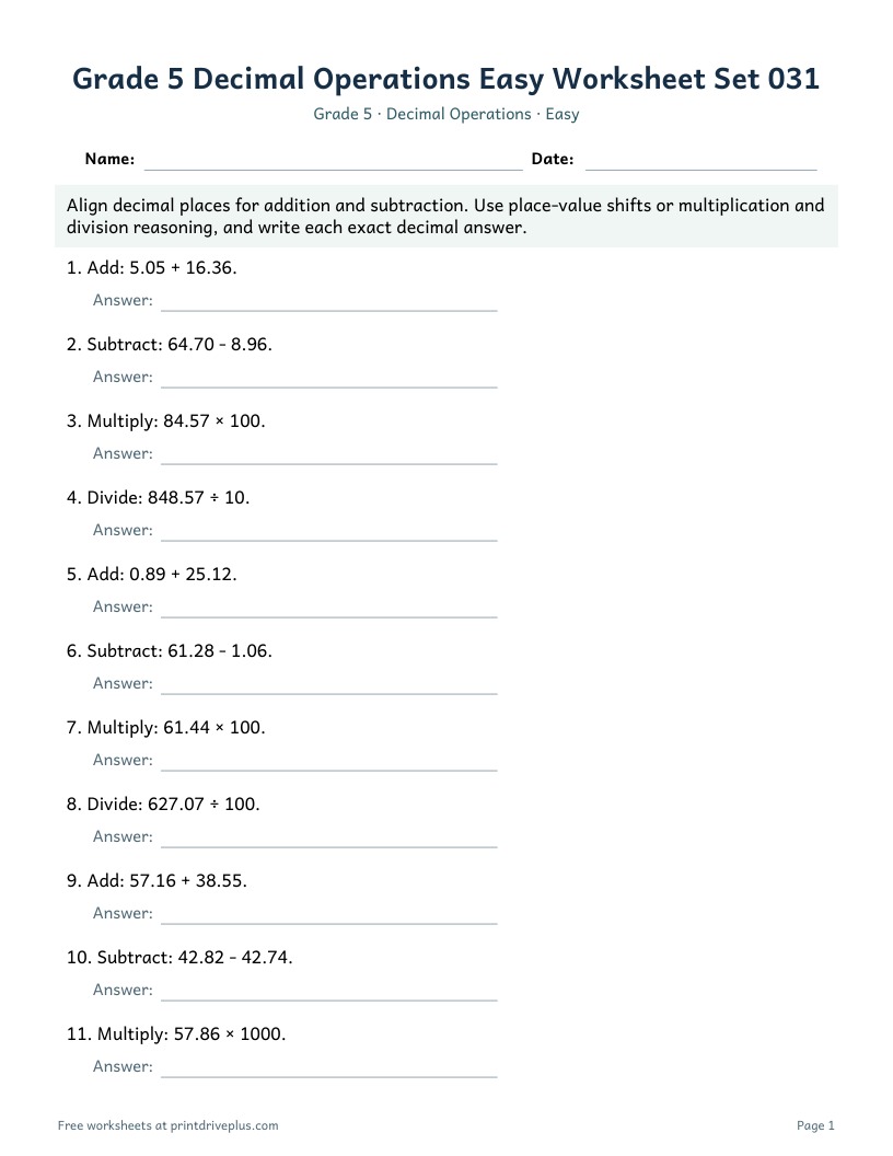 Preview of Grade 5 Decimal Operations Easy Worksheet Set 031