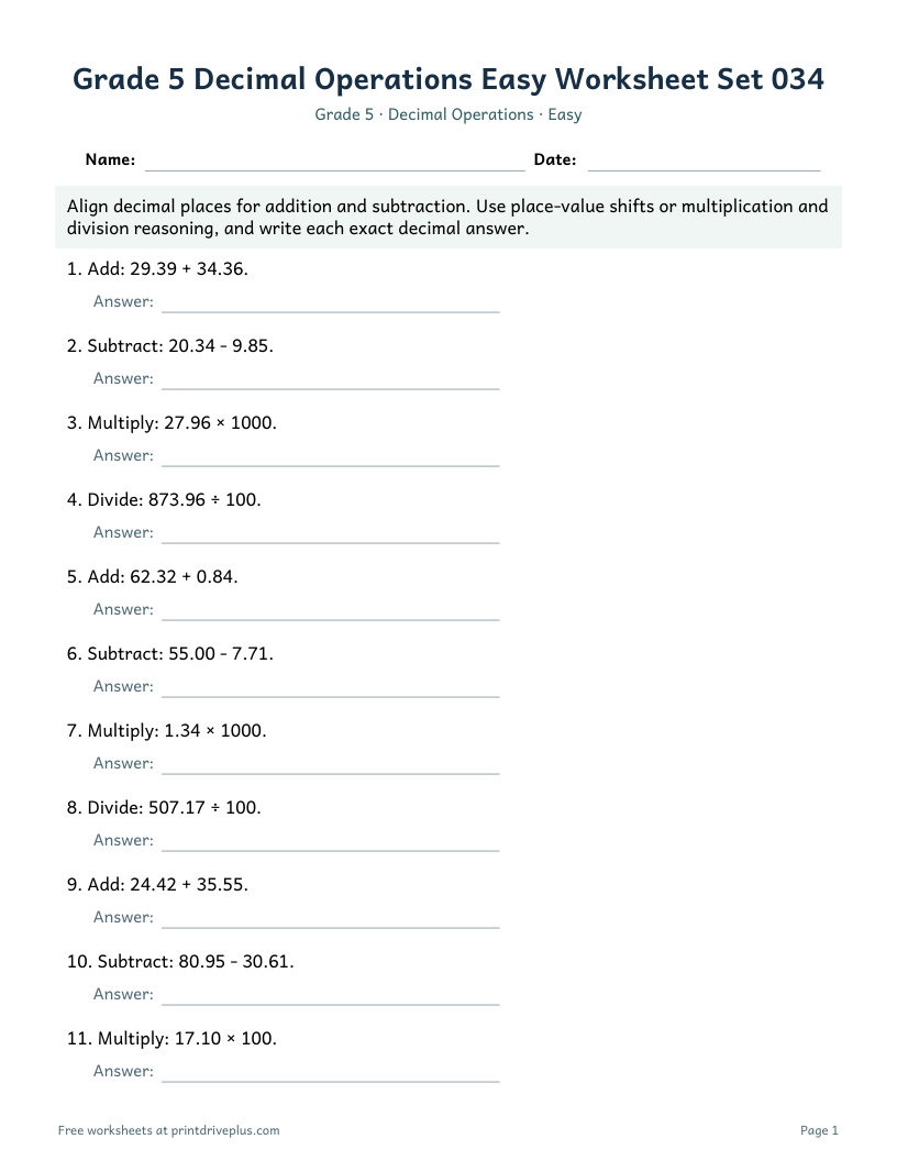 Preview of Grade 5 Decimal Operations Easy Worksheet Set 034