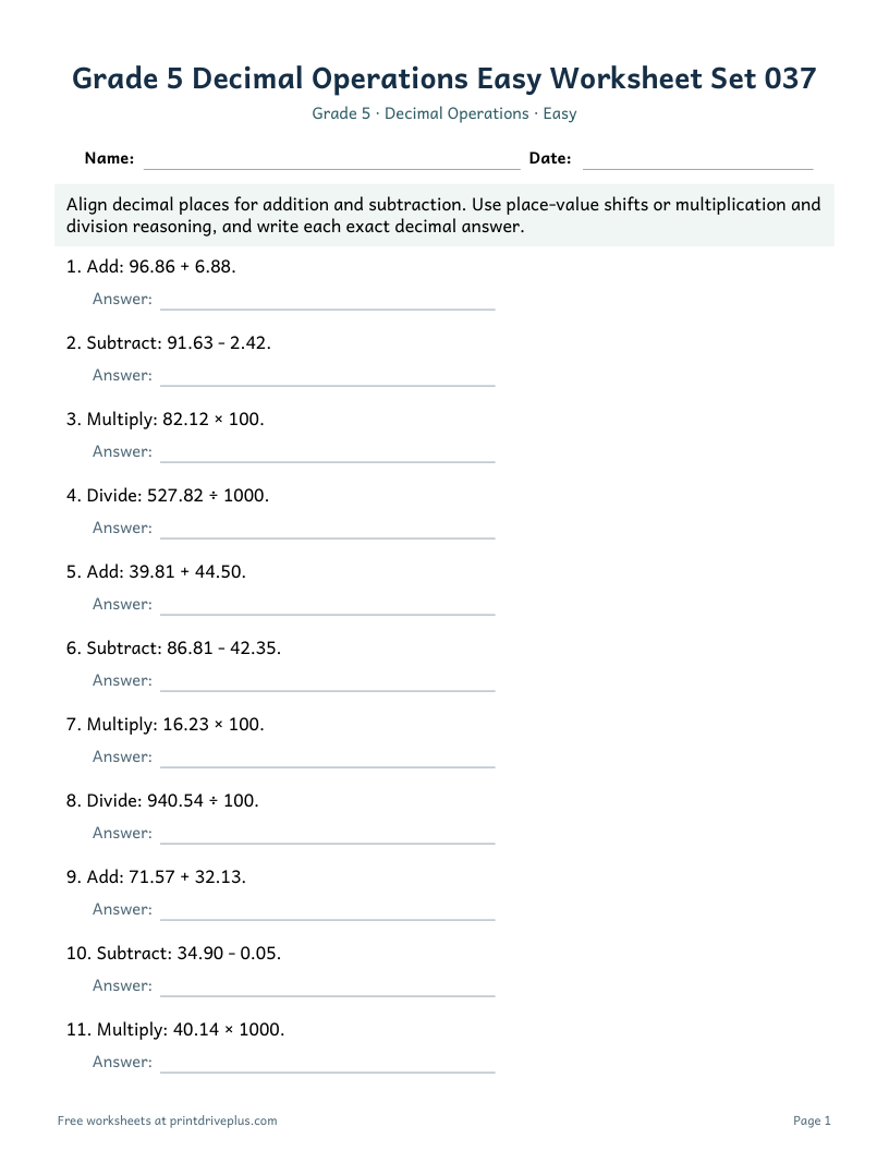 Preview of Grade 5 Decimal Operations Easy Worksheet Set 037