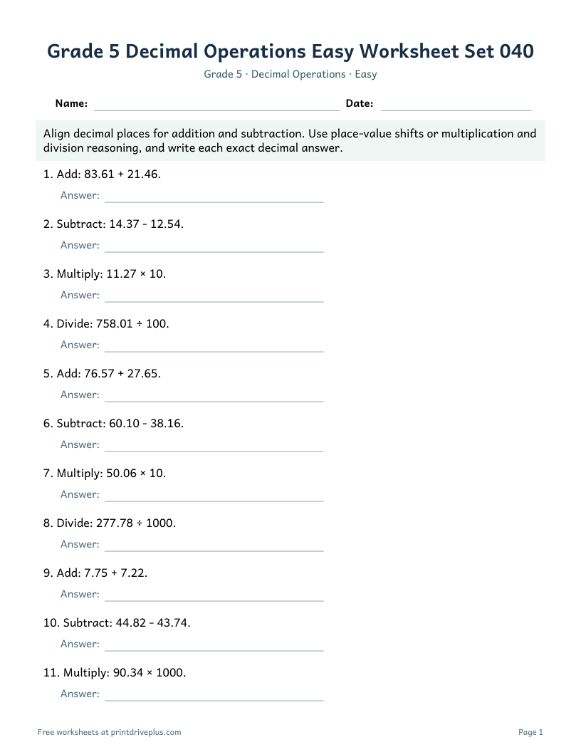 Preview of Grade 5 Decimal Operations Easy Worksheet Set 040