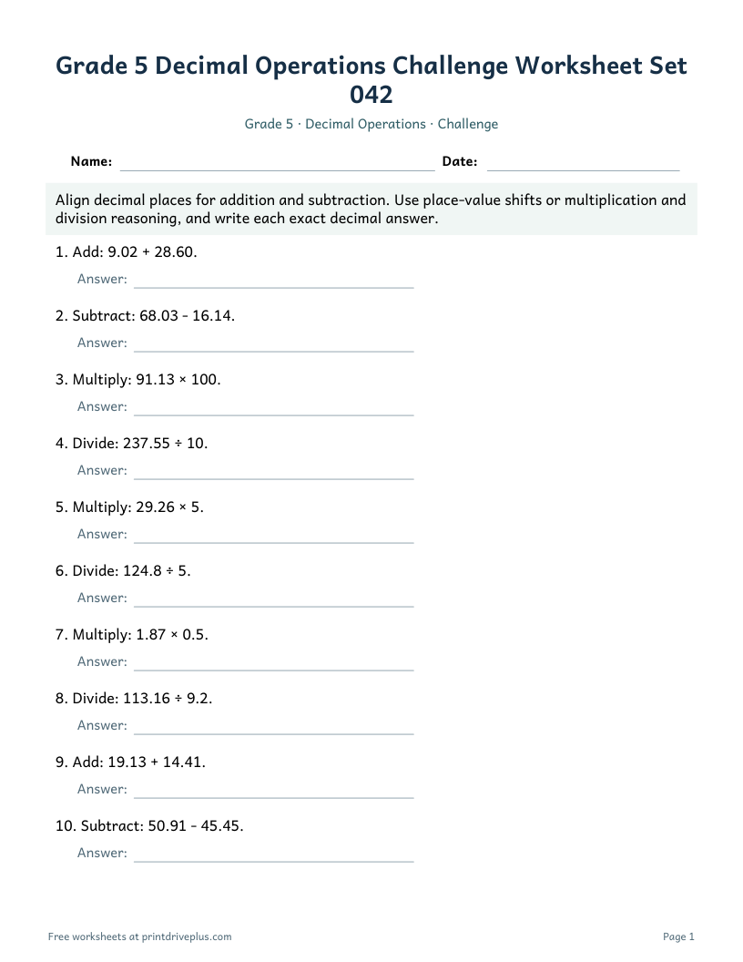 Preview of Grade 5 Decimal Operations Challenge Worksheet Set 042