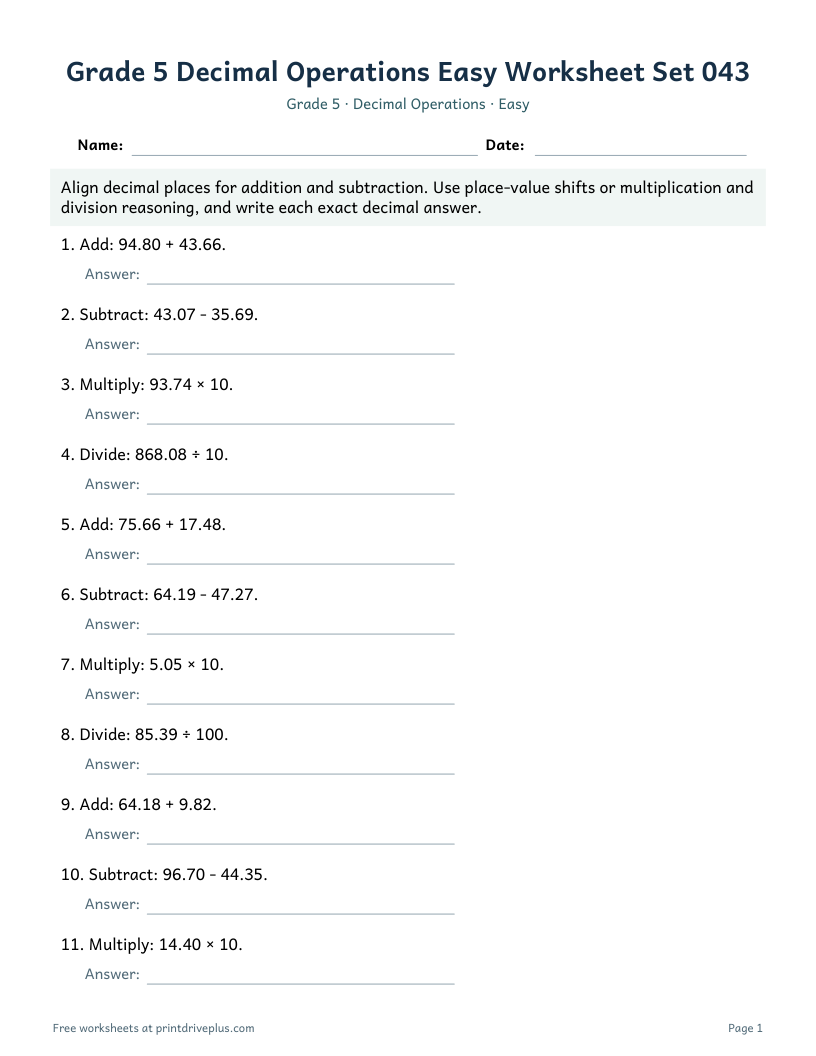 Preview of Grade 5 Decimal Operations Easy Worksheet Set 043