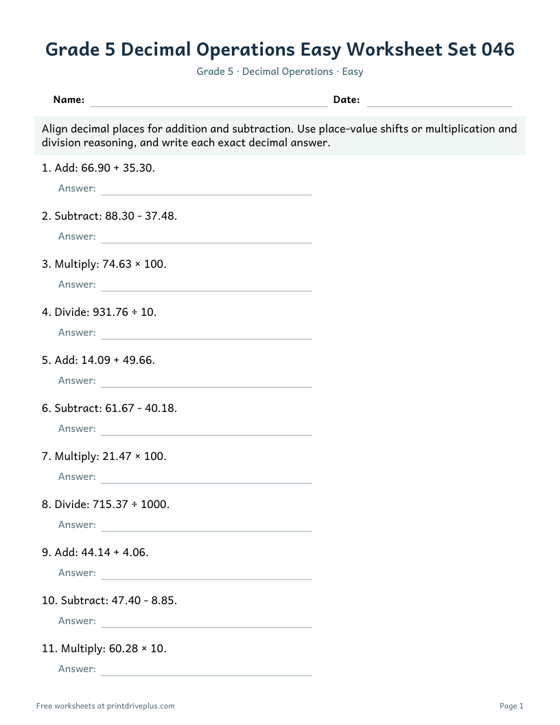 Preview of Grade 5 Decimal Operations Easy Worksheet Set 046