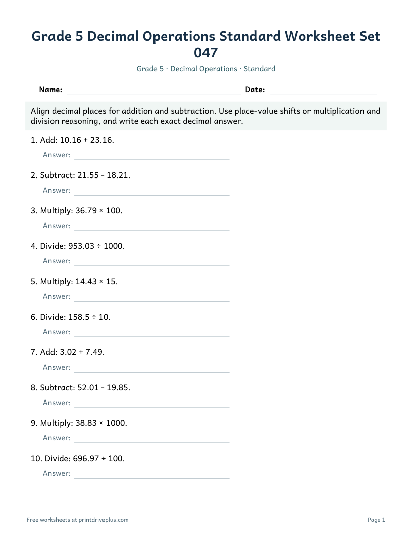 Preview of Grade 5 Decimal Operations Standard Worksheet Set 047