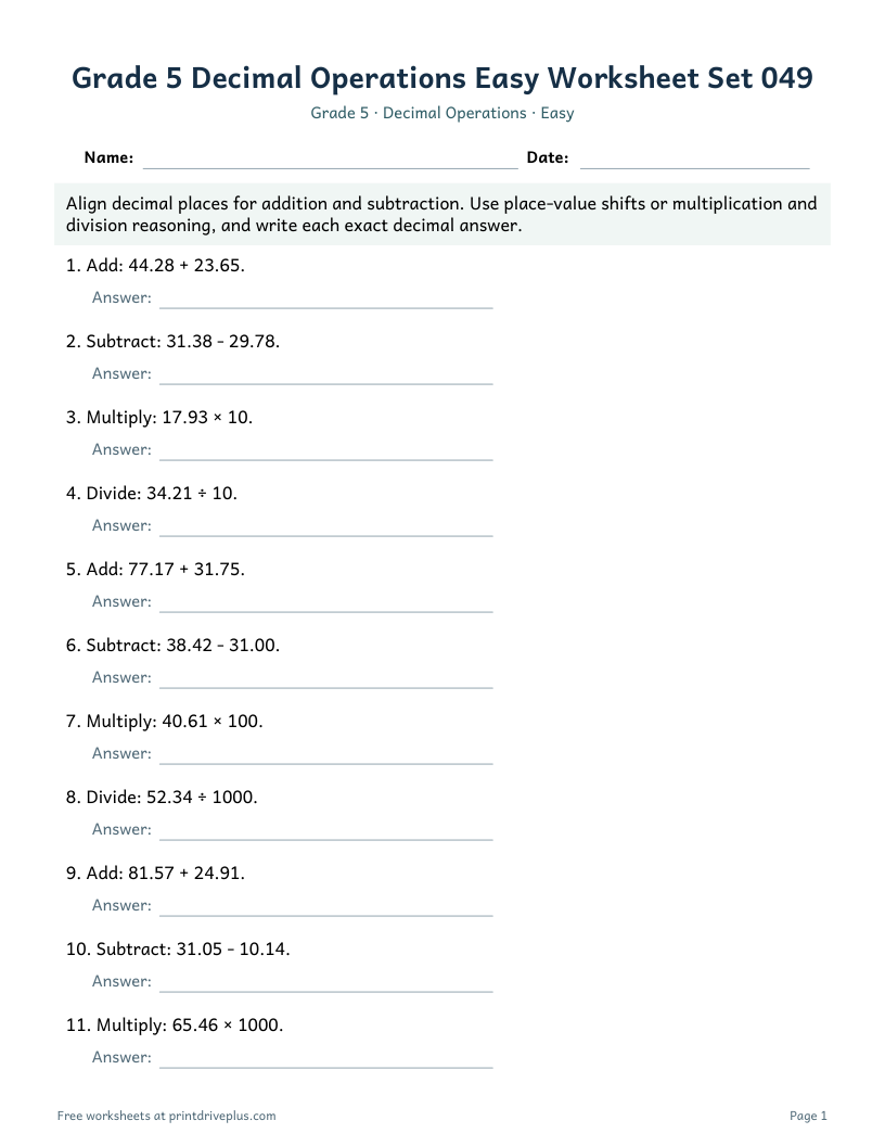 Preview of Grade 5 Decimal Operations Easy Worksheet Set 049