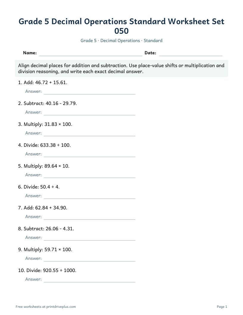 Preview of Grade 5 Decimal Operations Standard Worksheet Set 050