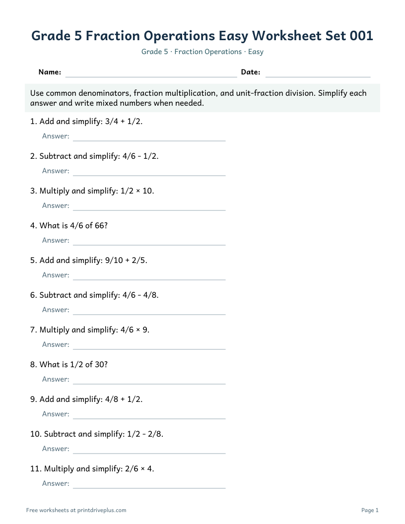 Preview of Grade 5 Fraction Operations Easy Worksheet Set 001