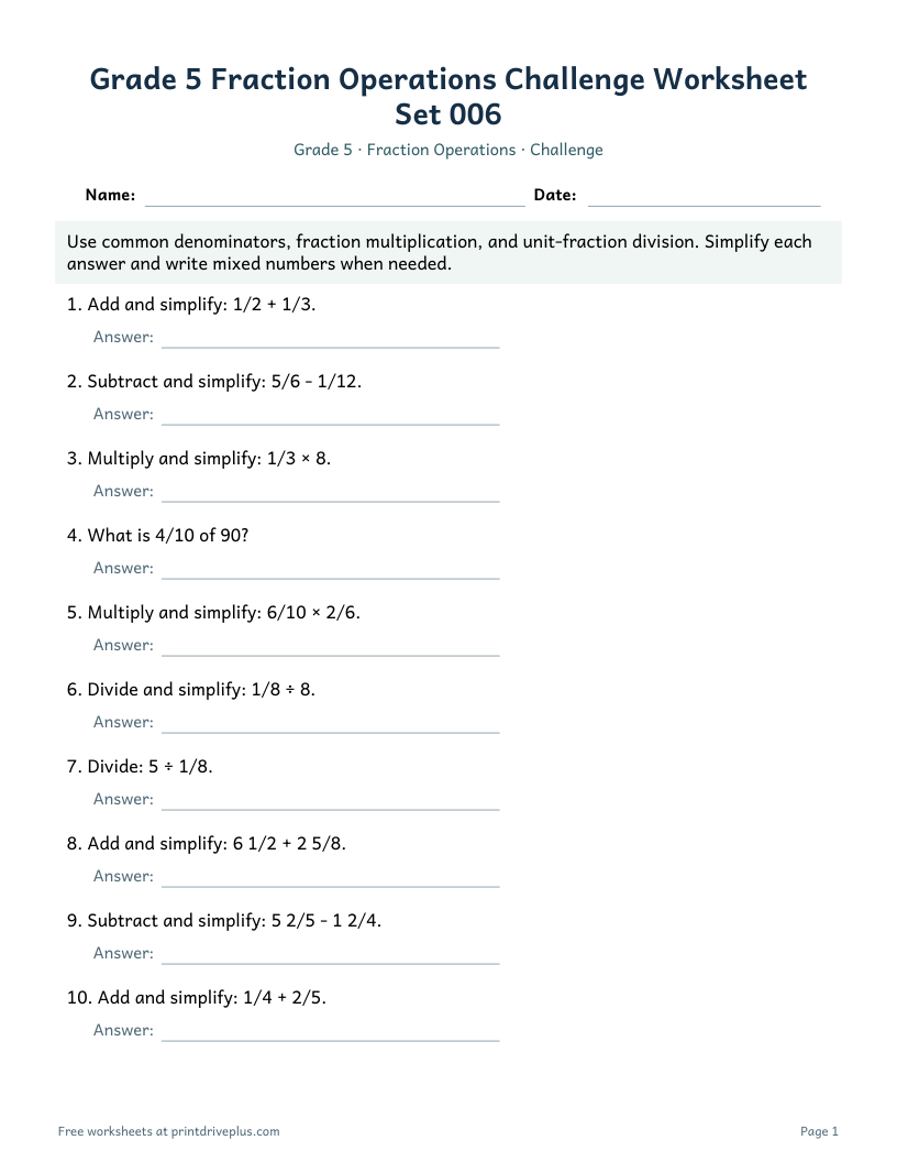 Preview of Grade 5 Fraction Operations Challenge Worksheet Set 006