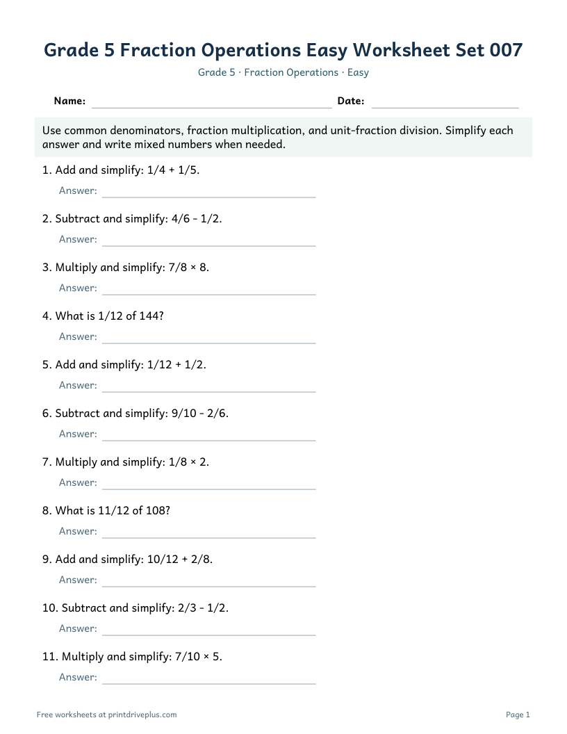 Preview of Grade 5 Fraction Operations Easy Worksheet Set 007