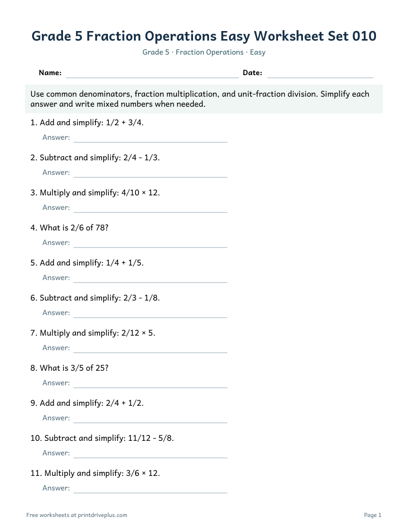 Preview of Grade 5 Fraction Operations Easy Worksheet Set 010