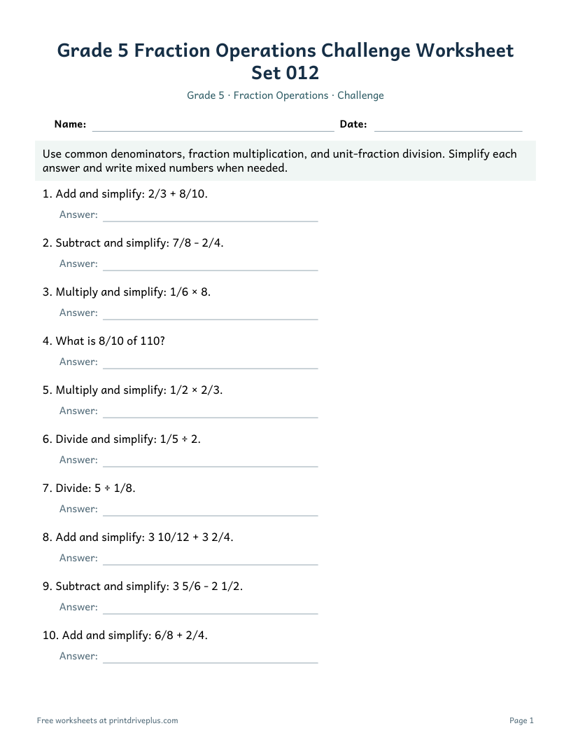 Preview of Grade 5 Fraction Operations Challenge Worksheet Set 012