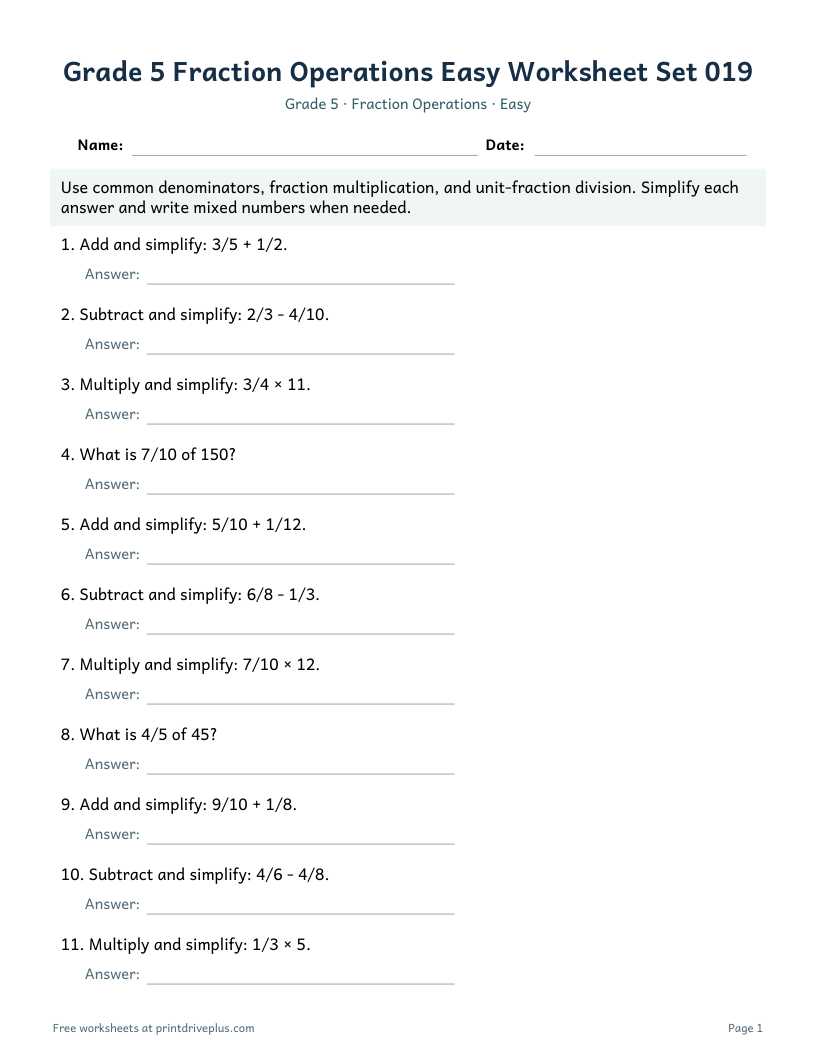 Preview of Grade 5 Fraction Operations Easy Worksheet Set 019
