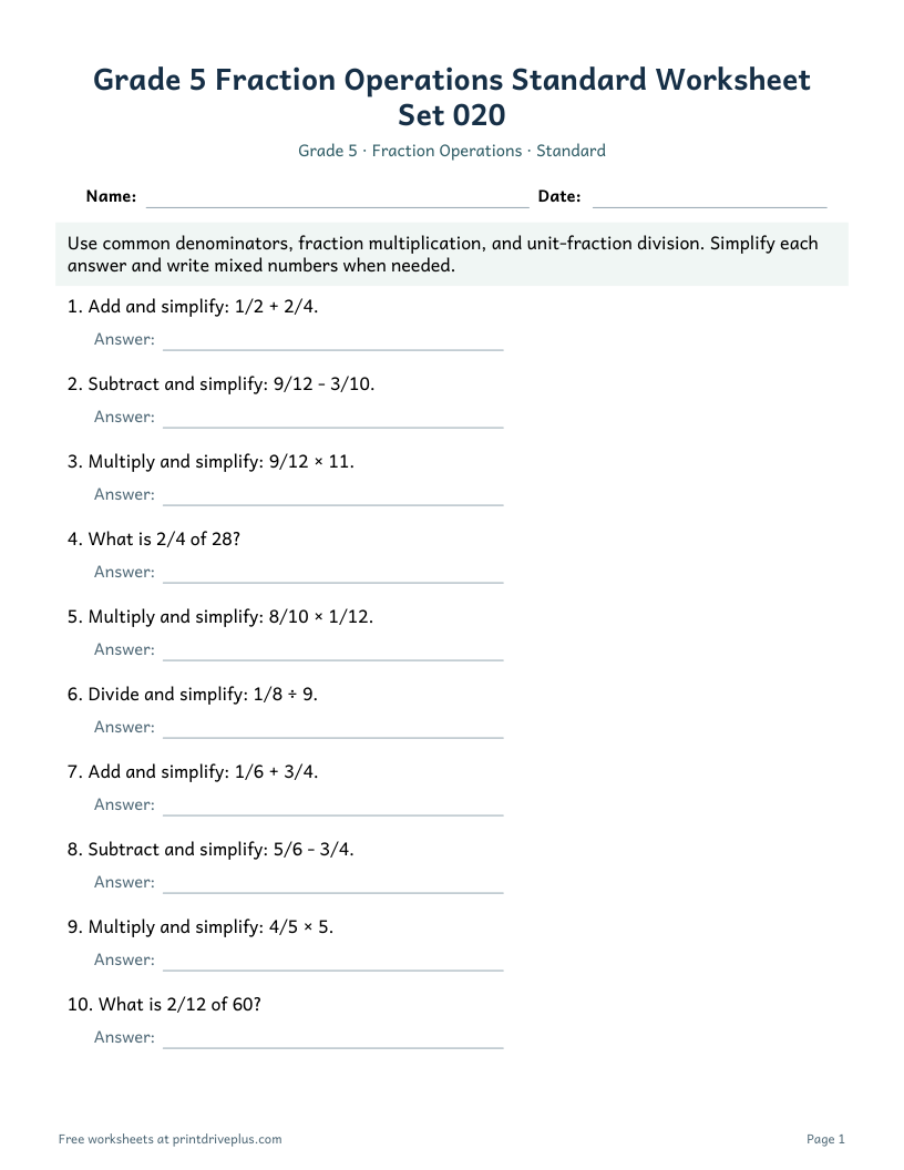 Preview of Grade 5 Fraction Operations Standard Worksheet Set 020