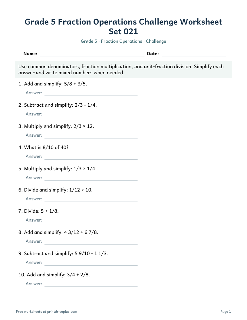 Preview of Grade 5 Fraction Operations Challenge Worksheet Set 021