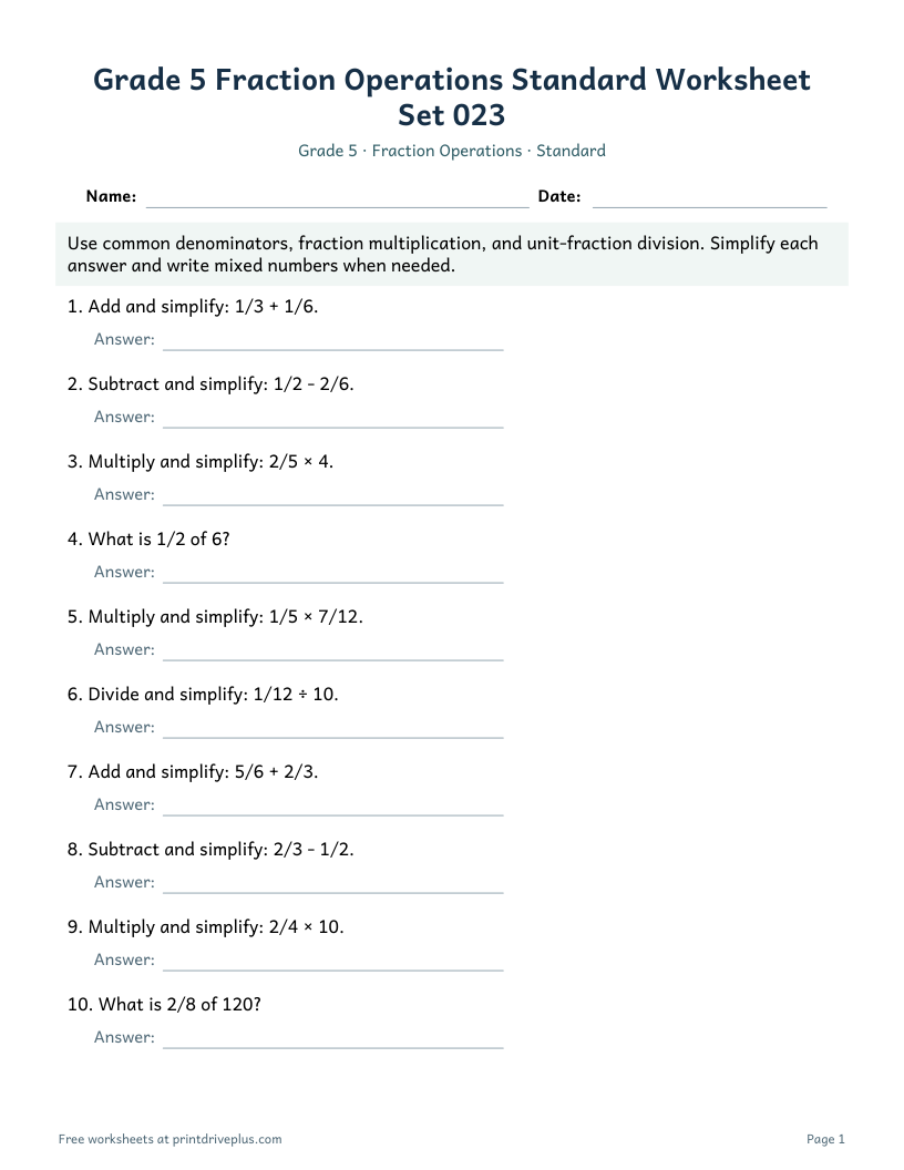 Preview of Grade 5 Fraction Operations Standard Worksheet Set 023