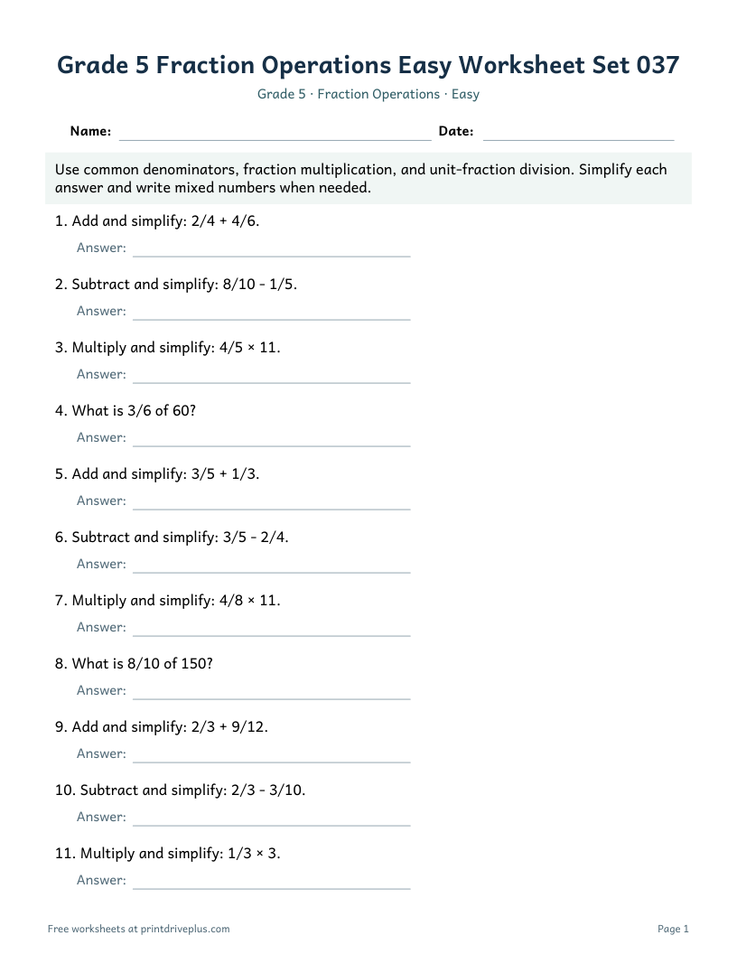 Preview of Grade 5 Fraction Operations Easy Worksheet Set 037