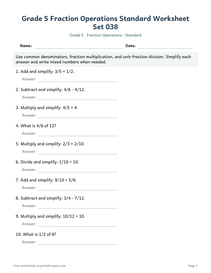 Preview of Grade 5 Fraction Operations Standard Worksheet Set 038