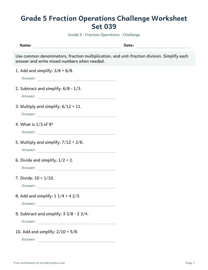 Preview of Grade 5 Fraction Operations Challenge Worksheet Set 039