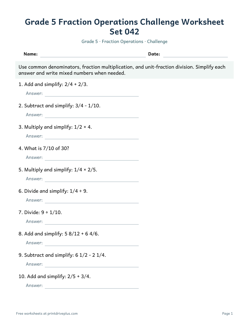 Preview of Grade 5 Fraction Operations Challenge Worksheet Set 042