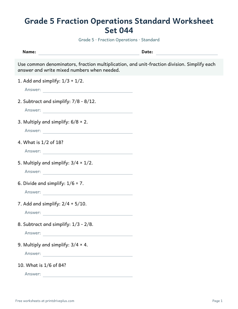 Preview of Grade 5 Fraction Operations Standard Worksheet Set 044