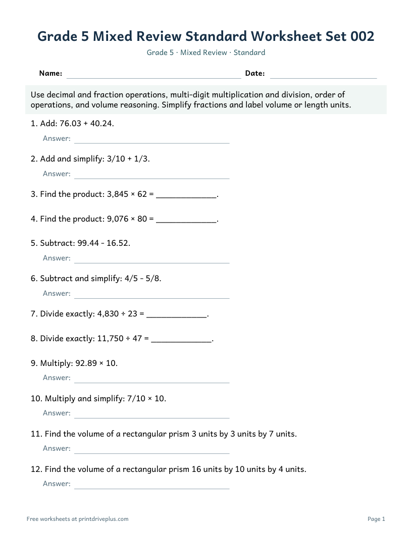 Preview of Grade 5 Mixed Review Standard Worksheet Set 002