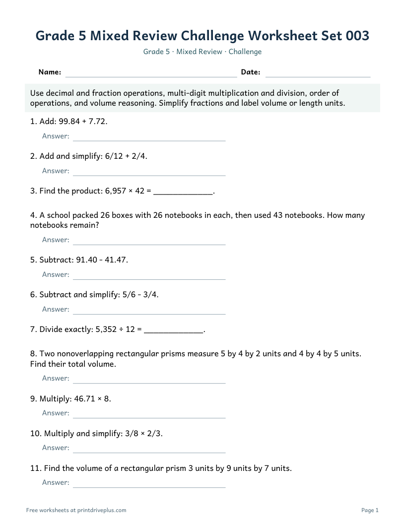 Preview of Grade 5 Mixed Review Challenge Worksheet Set 003