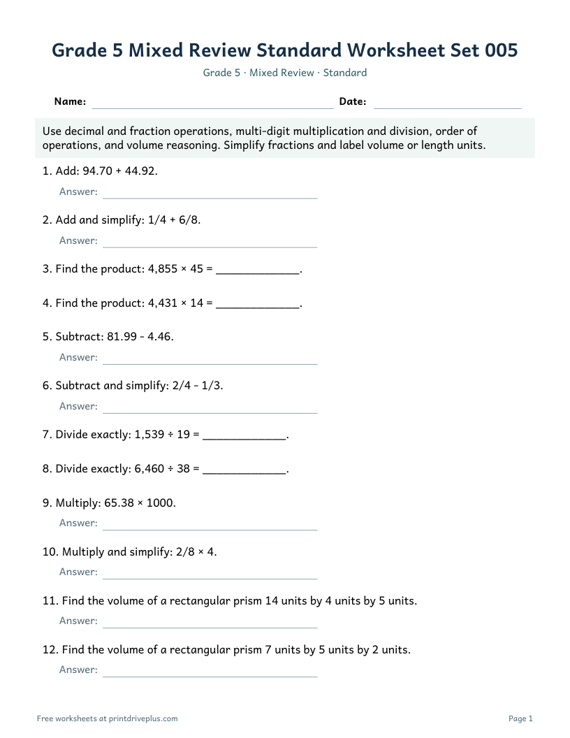 Preview of Grade 5 Mixed Review Standard Worksheet Set 005