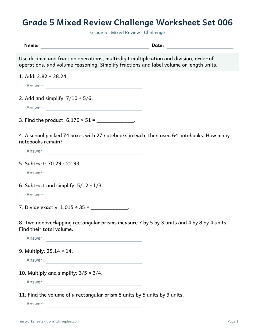 Preview of Grade 5 Mixed Review Challenge Worksheet Set 006