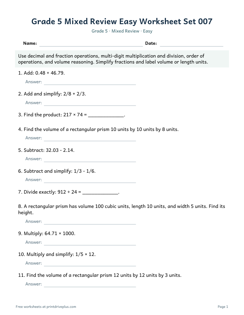 Preview of Grade 5 Mixed Review Easy Worksheet Set 007