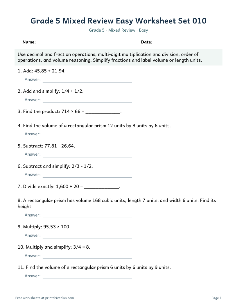 Preview of Grade 5 Mixed Review Easy Worksheet Set 010