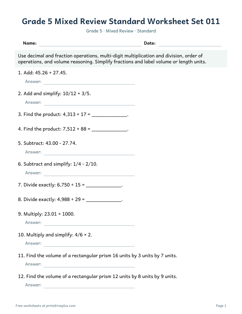 Preview of Grade 5 Mixed Review Standard Worksheet Set 011