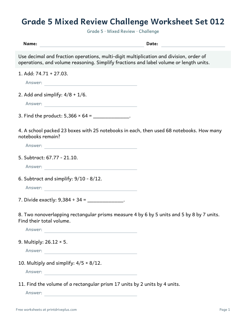 Preview of Grade 5 Mixed Review Challenge Worksheet Set 012